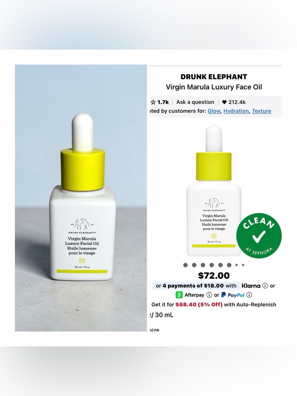 Drunk Elephant Virgin Marula Facial Oil 30 ml. MSRP $72.